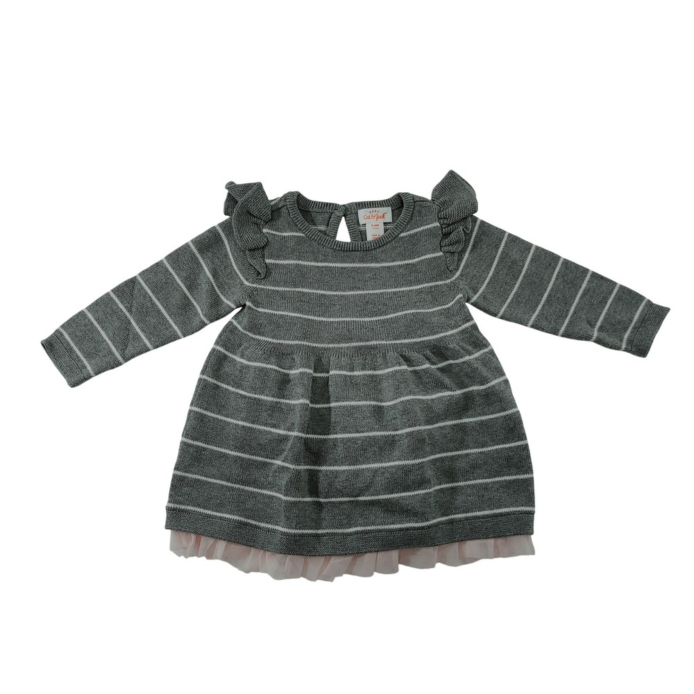 Baby Cat Jack Gray White Stripe Knit Ruffle Dress Panty Set 3 6M